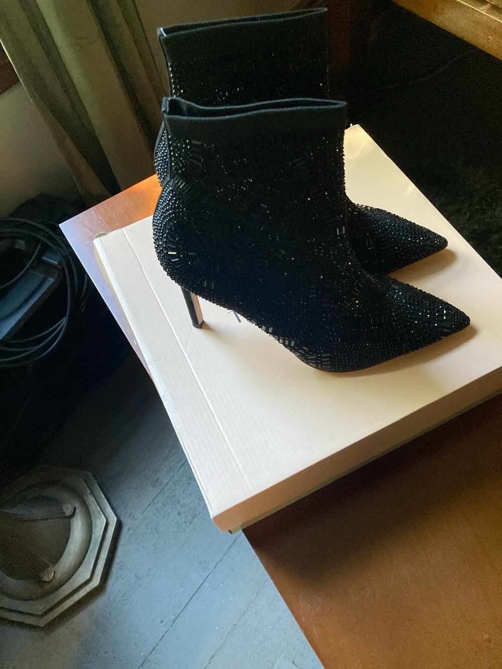 Thalia Sodi Black Beaded Pointed Toe Stiletto Ankle Booties